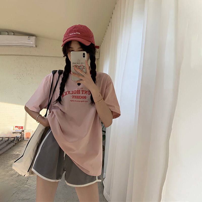 Official picture summer suit women's 2021 new letter print contrast loose Casual Short Sleeve T-Shirt shorts