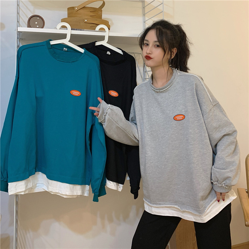 Real shot of Hong Kong Style fake two round neck sweater women's spring and autumn Korean version loose and lazy
