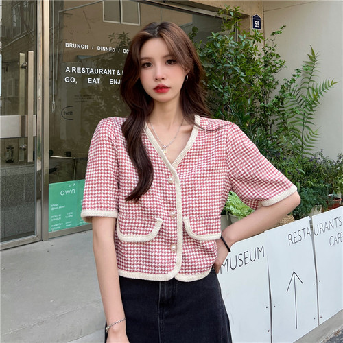 Real shooting small fragrant wind shirt coat thousand bird grid V-neck short foreign style short sleeved cardigan top