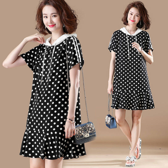 Short sleeve Hooded Dress retro wave point summer dress loose and thin large size clothes are not milk silk