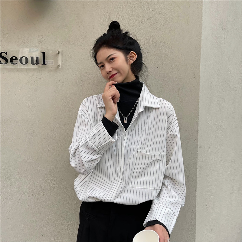 Real video Hong Kong style retro high collar vertical stripe fake two shirts casual dark loose top