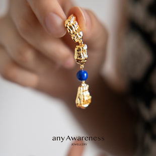 anyAwareness破碎神庙柱青金石拼接长耳坠耳环厚镀18k金复古设计