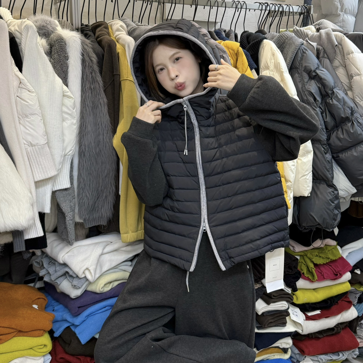 超级韩大爆款套装撞色连帽排骨50白鸭绒羽绒短外套+加绒百搭休闲