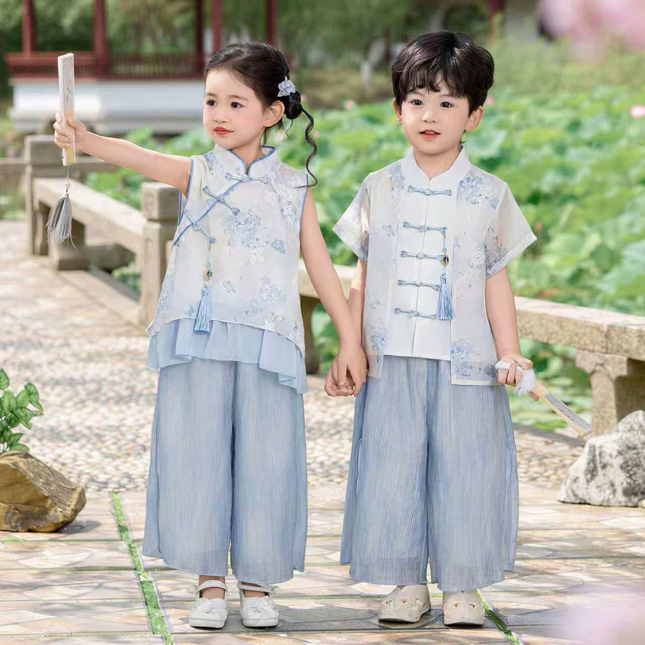 新中式日常风女童夏季汉服套装中小童宝宝男孩短袖古装唐装幼儿园