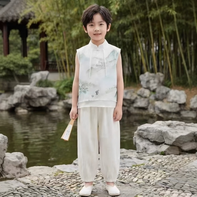 儿童夏季薄款新中式国风无袖上衣休闲裤子唐装两件套男童汉服套装