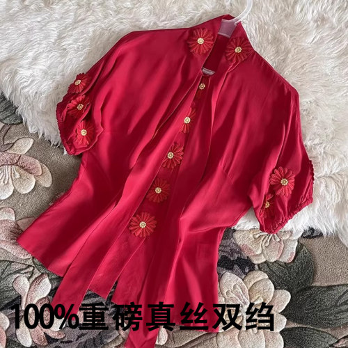 真丝双绉立体贴花飘带领短袖衬衫