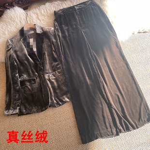 加长丝绒西服套装 真丝金丝绒西装 阔腿裤 气质女神范修身 外套女大码