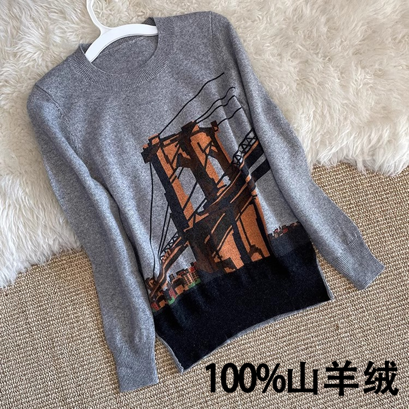打底衫100%山羊绒针织衫圆领印花