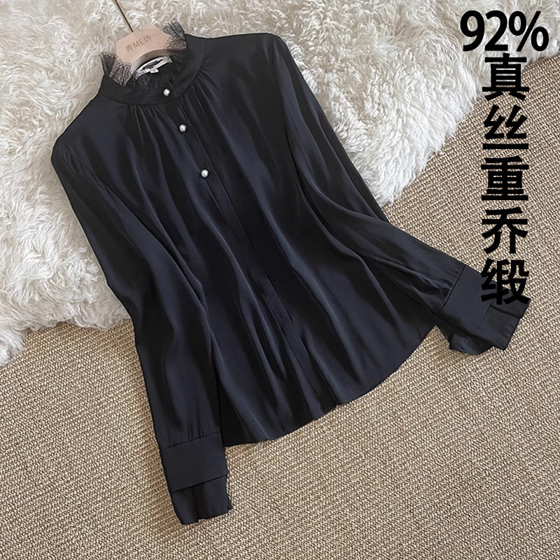 宫廷风长袖真丝重乔缎蕾丝衬衫