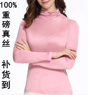 外贸单春秋针织t恤女薄款真丝打底衫女长袖高领上衣纯桑蚕丝小衫