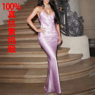 100桑蚕丝真丝斜裁砂洗素绉缎面性感鱼尾及踝礼服吊带连衣长裙女