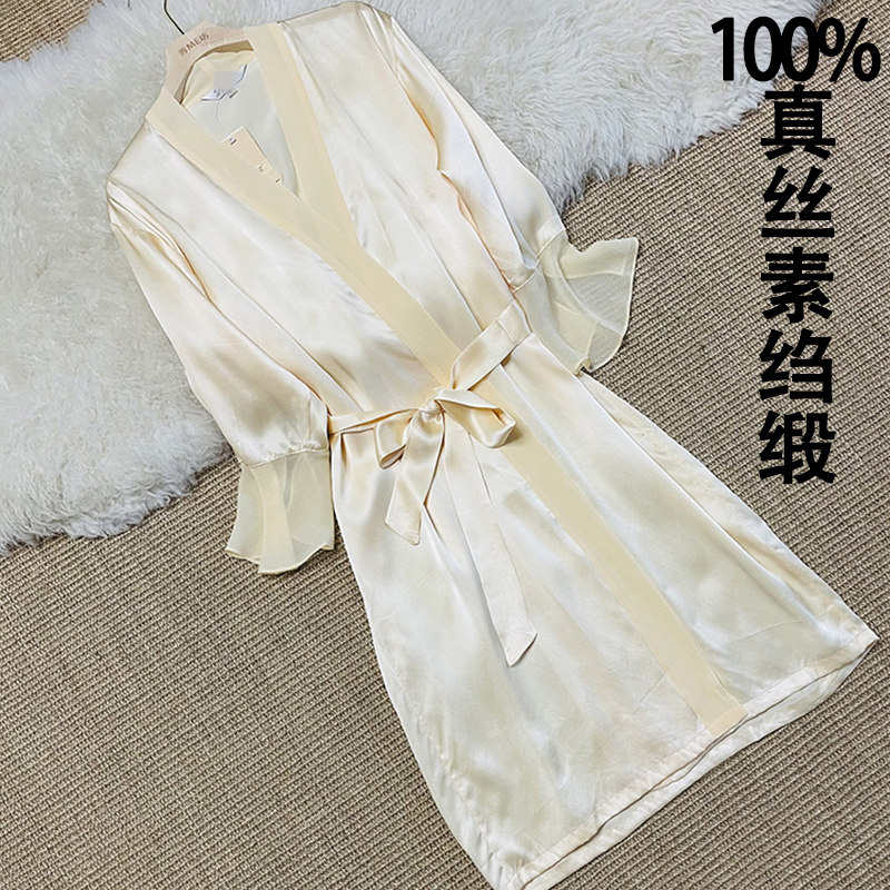 100真丝睡袍女 4款少量  中长款素绉缎面拼乔其桑蚕丝浴袍女