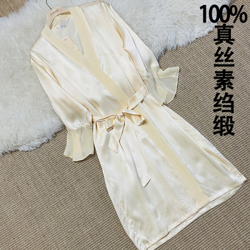 奢华100%桑蚕丝睡袍素绉缎拼乔其
