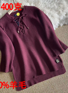 棒针RL出美单加厚保暖大V领抽绳款全羊毛长袖套头针织新款毛衣女