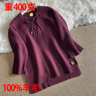 毛衣女 套头针织新款 棒针RL出美单加厚保暖大V领抽绳款 全羊毛长袖