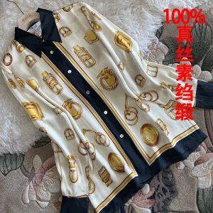 素绉缎夏新款桑蚕丝定位印花链条图案印花真丝缎面衬衫皮带扣轻奢