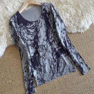 桑蚕丝针织衫印花衫2026春秋女式圆领修身薄款真丝针织打底衫毛衣