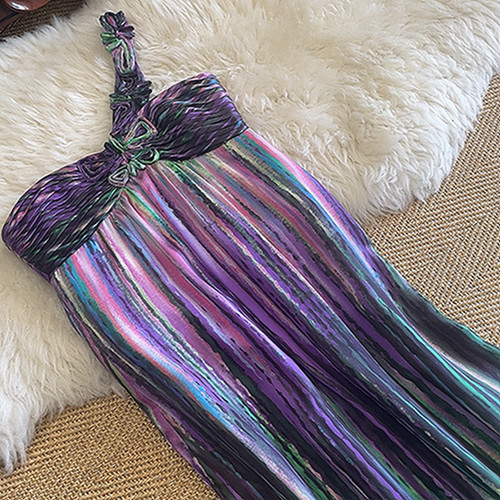 法式炫彩抹胸礼服裙超长吊带裙