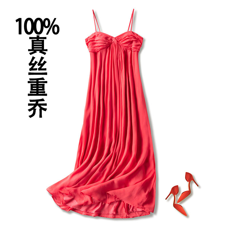 桑蚕丝晚礼服高端真丝超长裙子法国 出口单抹胸裙压褶吊带连衣裙