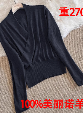 红标新款交叉领法式100羊毛衫女宽松V领针织打底衫冬和服领毛衣
