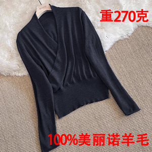 红标新款交叉领法式100羊毛衫女宽松V领针织打底衫冬和服领毛衣