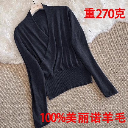 红标新款交叉领法式100羊毛衫女宽松V领针织打底衫冬和服领毛衣