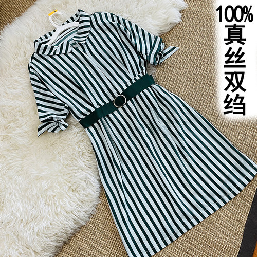 真丝连衣裙条纹袖口蝴蝶结桑蚕丝
