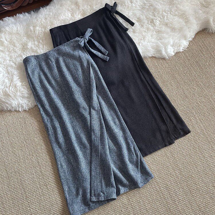 法式裹身裙 一片式粗花呢半裙真丝柞蚕丝人字纹开叉中长半身裙
