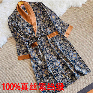 桑蚕丝睡衣 纯真丝睡袍男春秋素绉缎印花长袖浴袍男士拼色家居服