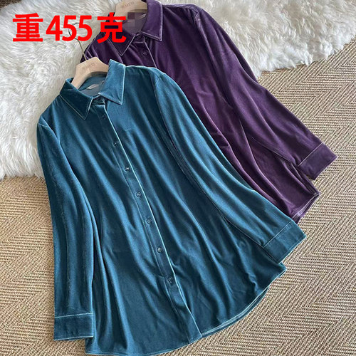 大码丝绒衬衫慵懒宽松厚实中长款