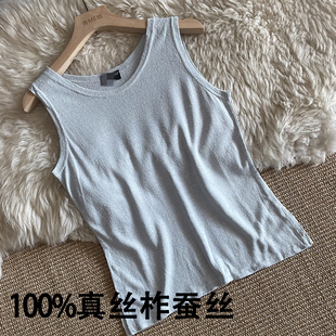 真丝背心女柞蚕丝圆领无袖针织T恤女夏季新款打底上衣短款薄款