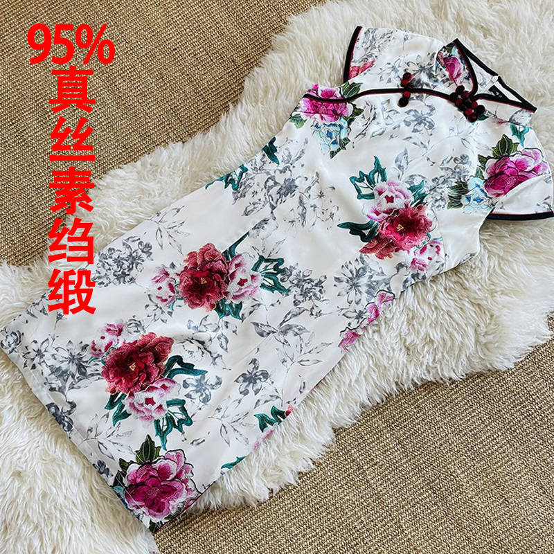 真丝素绉缎旗袍弹力改良斜襟印花