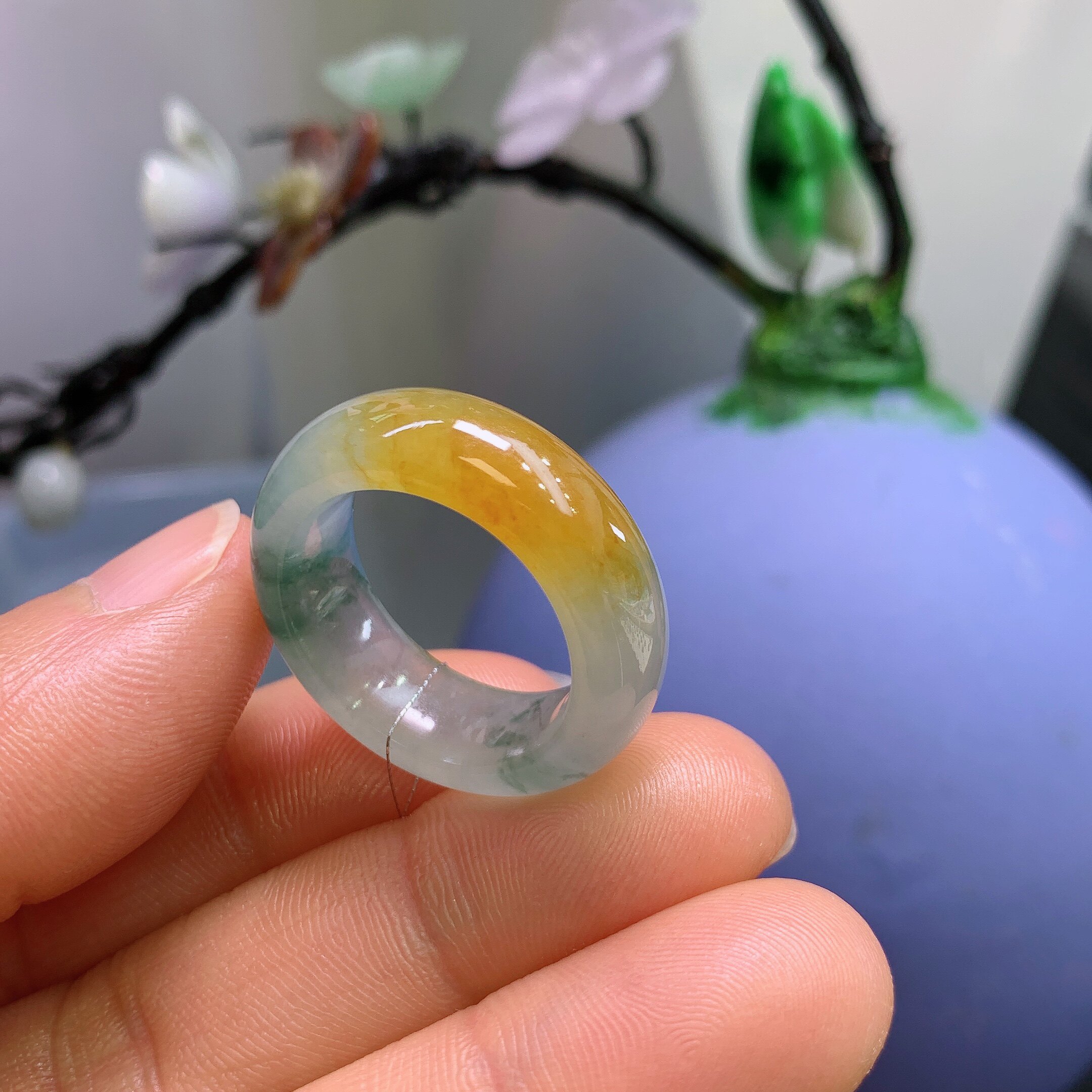 18圈口缅甸天然翡翠A货宽版冰黄翡飘花戒指A171#
