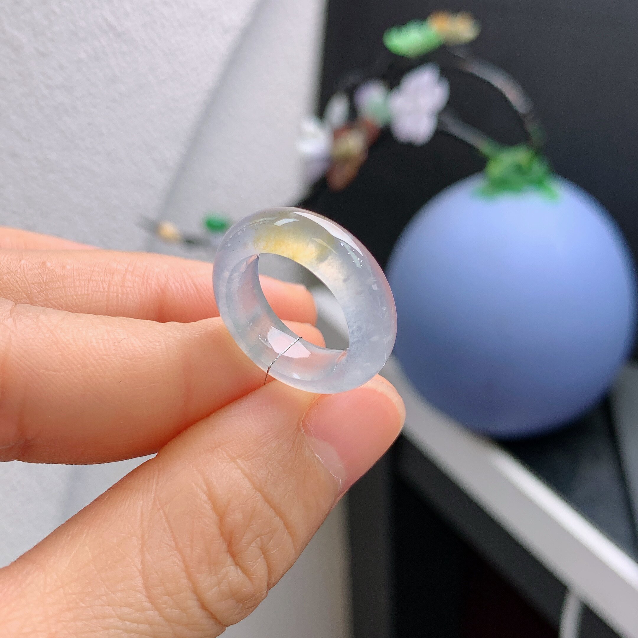 6圈口缅甸天然翡翠A货冰飘黄翡木那雪花戒指A1258#