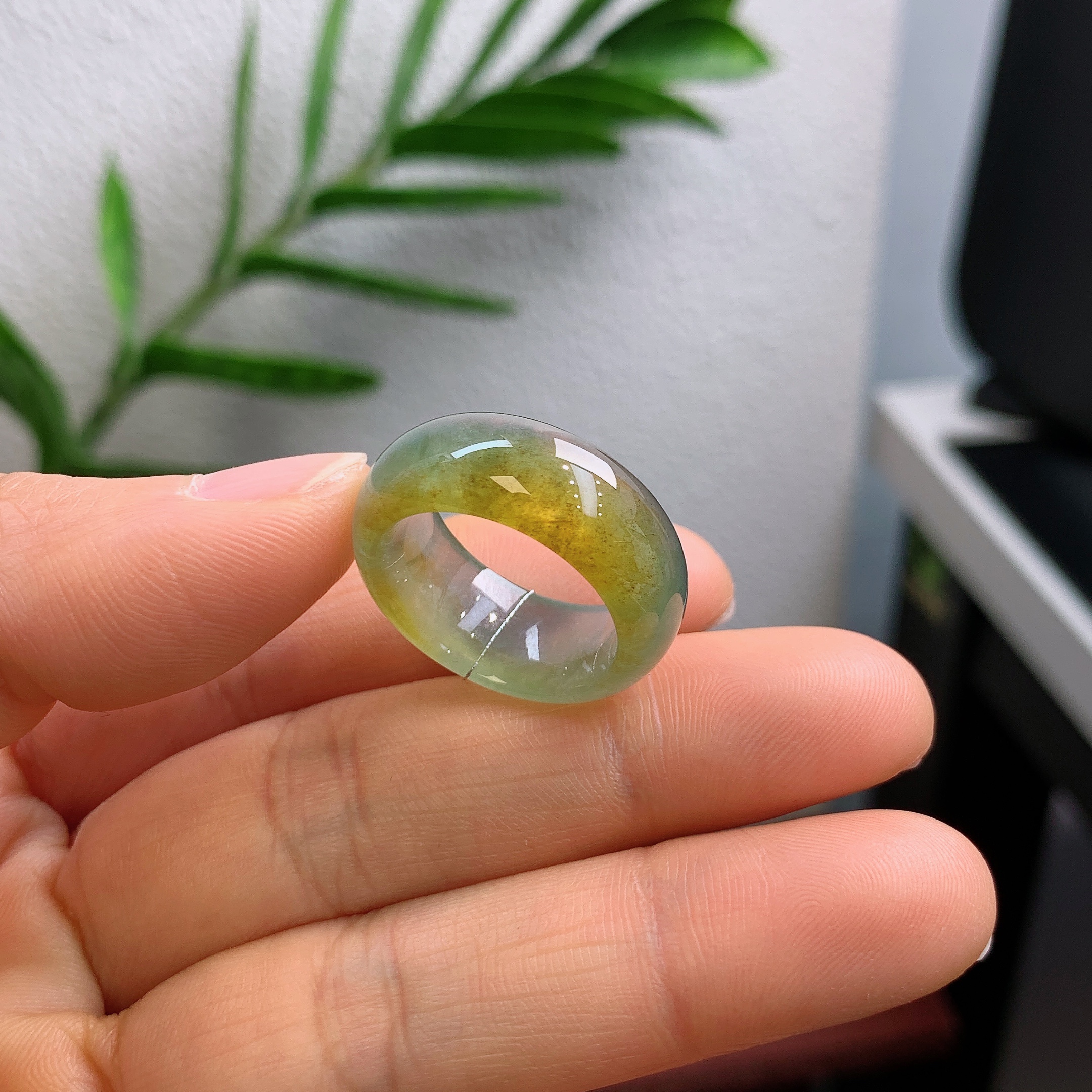 16-17圈口缅甸天然翡翠A货冰黄翡宽版戒指A104#