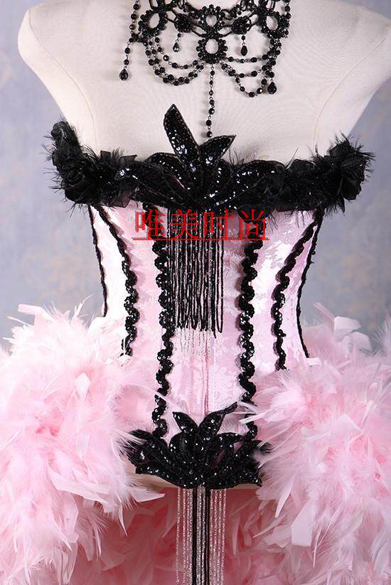 新款粉色羽毛束腰哥特式宫廷马甲钢骨束身衣塑身corset塑身衣包邮