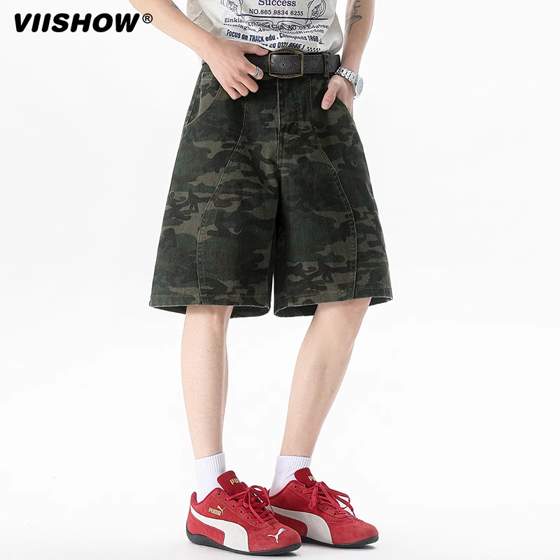 VIISHOW潮牌美式复古解构拼接迷彩牛仔短裤男夏季宽松百搭五分裤