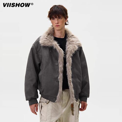 VIISHOW复古做旧座山雕加厚棉服男女宽松解构磨毛高级感毛领外套