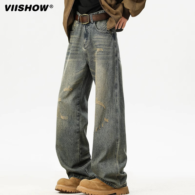 VIISHOW美式复古水洗做旧挖洞牛仔裤男潮牌高街阔腿裤vibe弯刀裤