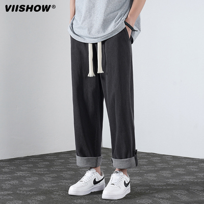 VISHOW美式复古加绒牛仔裤男款冬季加厚抽绳松紧腰裤宽松阔腿裤