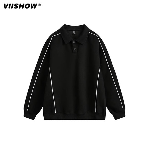 VIISHOW复古潮牌拼色POLO领卫衣男春季宽松情侣百搭休闲套头上衣