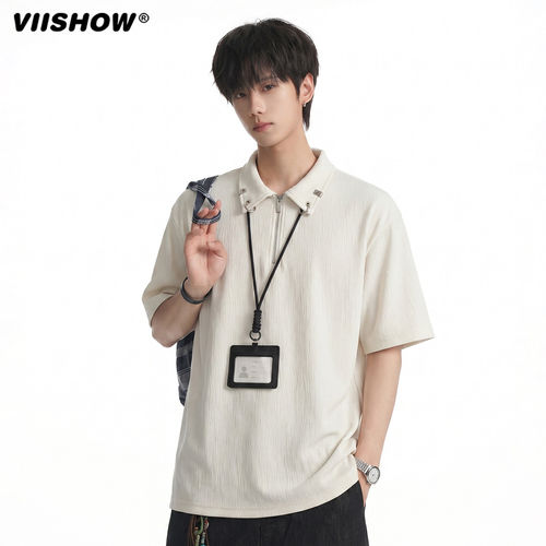 VIISHOW华夫格半拉链POLO衫男款夏季痞帅高街潮流宽松半袖T恤上衣