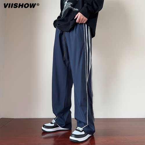 VISHOW美式复古条纹拼接阔腿裤男士夏季新款潮流宽松垂感休闲裤