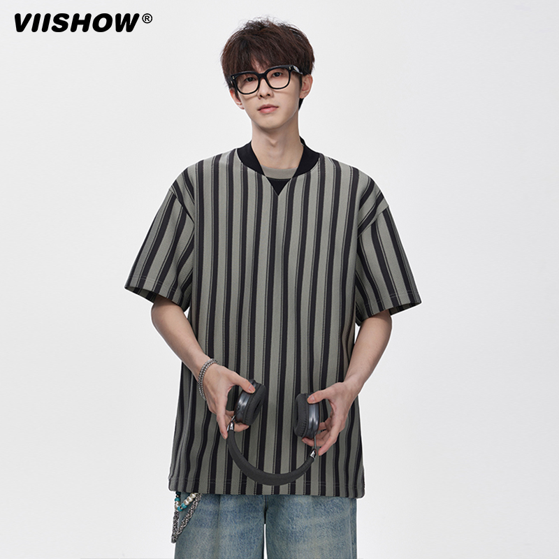 VIISHOW复古双拼V领条纹短袖T恤男宽松潮流休闲五分字母印花体恤