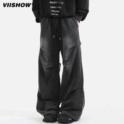 VIISHOW美式水洗做旧卫裤男春季潮牌拼接阔腿裤高街潮牌休闲裤子