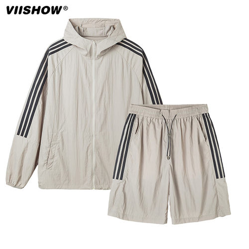 VIISHOW防晒衣男款夏季情侣条纹内衬网运动透气休闲短裤一套装
