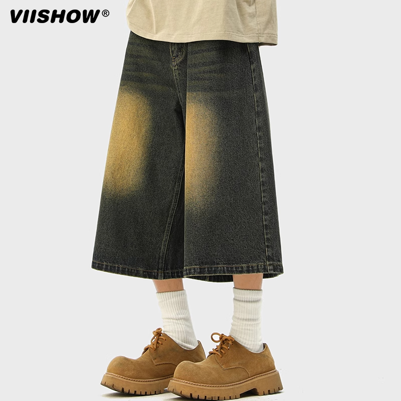 VIISHOW做旧牛仔短裤男夏季宽松阔腿七分裤子高街vibe休闲直筒裤
