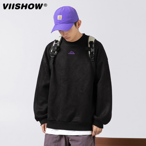 VISHOW麂皮绒卫衣男秋冬新款加绒美式复古长袖插肩t恤宽松打底衫