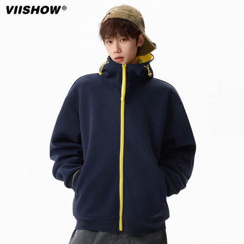 VIISHOW春季宽松潮牌撞色拉链开衫卫衣男士情侣休闲百搭连帽外套