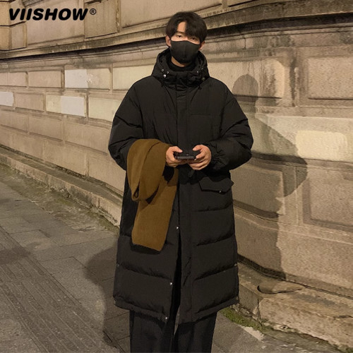 VIISHOW中长款轻薄羽绒服男冬新款纯色情侣保暖休闲冬天连帽外套